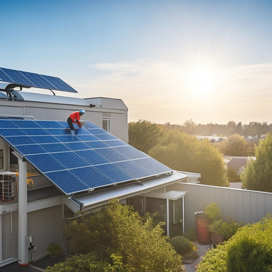 A serene suburban rooftop adorned with sleek solar panels, a technician installing a modern battery system in a sunlit garage, surrounded by tools, cables, and vibrant green plants, illustrating renewable energy solutions.