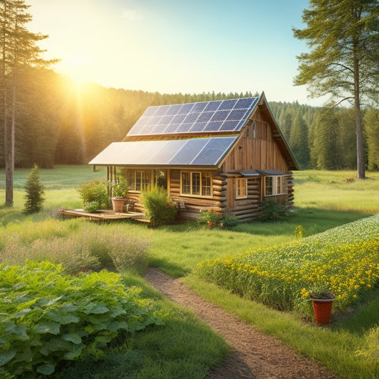 A serene landscape featuring a rustic cabin surrounded by lush greenery, solar panels glistening in the sunlight, a clear blue sky, and a nearby vegetable garden, symbolizing sustainable living and self-sufficiency.