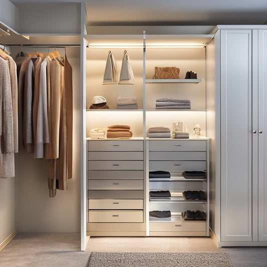 A modern, sleek closet interior with solar-powered shelf organizers featuring retractable rods, soft-close drawers, and adjustable shelves, illuminated by soft, warm LED lighting.