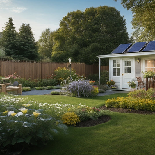 A serene, eco-friendly backyard with a small, modern solar panel array, a compact wind turbine, and a garden filled with lush greenery, surrounded by a white picket fence and a few blooming flowers.