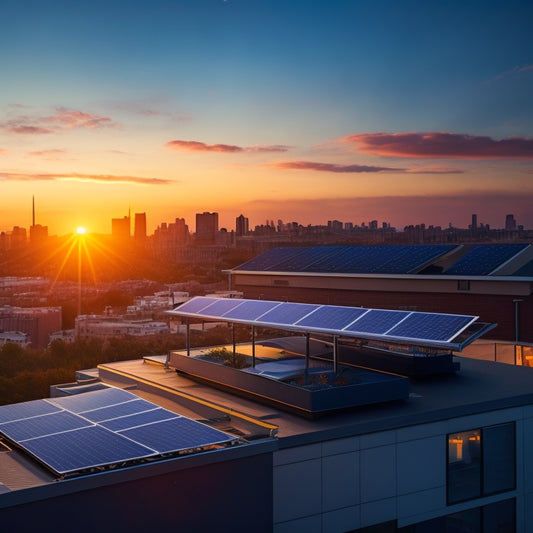 A modern, sleek rooftop with multiple solar panels installed, surrounded by a cityscape during sunset, with a few battery units visible in the foreground, connected to the panels.
