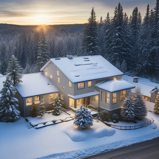 An aerial view of a snow-covered suburban home with solar panels, a smart thermostat, and energy-efficient windows, surrounded by snowflakes and evergreen trees, with a warm golden light emanating from inside.