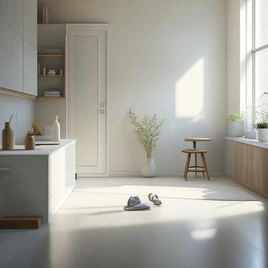 A tidy, minimalist room with a sparkling floor, a few strategically placed cleaning tools, and a subtle glow of natural light, conveying a sense of organization and serenity.