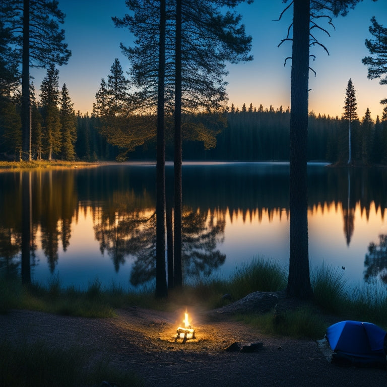 A serene campsite at dusk, featuring glowing portable solar lights illuminating a cozy tent, surrounded by tall pine trees and a crackling campfire, casting warm reflections on the tranquil lake nearby.