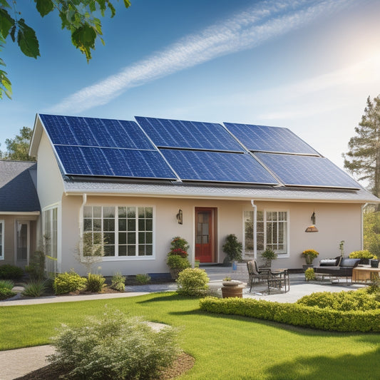 A serene suburban home with solar panels on the roof, surrounded by lush greenery, with a subtle gauge in the foreground displaying a rising energy output graph, amidst a bright blue sky with few white clouds.