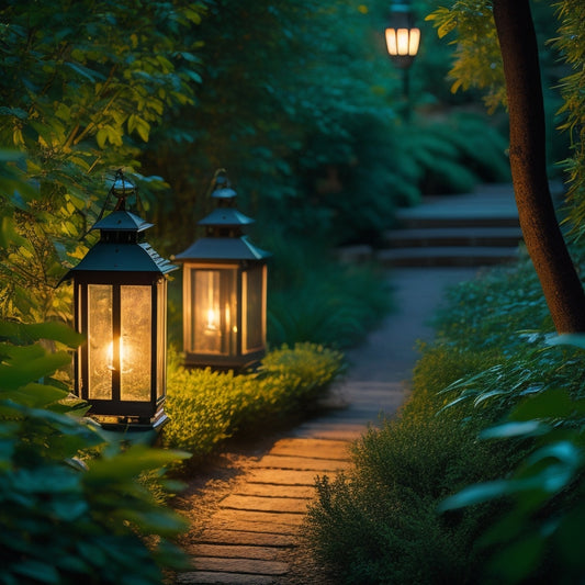 A serene garden pathway illuminated by elegant solar lanterns, casting warm, golden light. Lush greenery flanks the path, with soft shadows dancing around the lanterns, creating an inviting and magical atmosphere at dusk.