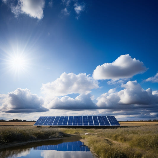 A serene landscape with sleek, black solar panels tilted at 30 degrees, connected to a bank of shiny, silver batteries with glowing blue LED lights, amidst a backdrop of fluffy white clouds and a bright blue sky.