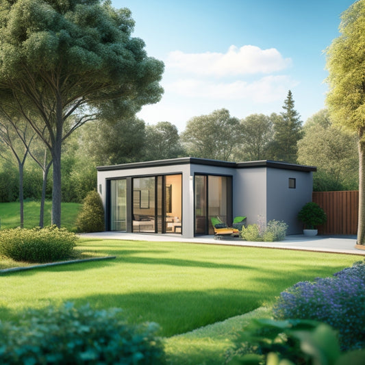 A serene, modern home surrounded by lush greenery, with solar panels on the roof, a compact wind turbine in the backyard, and a sleek, compact energy storage unit near the patio.