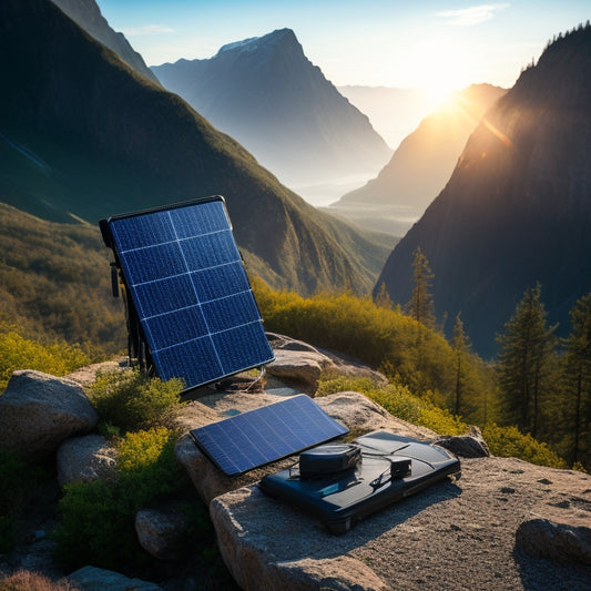 A scenic mountain hiking trail at sunrise, featuring various portable solar panel chargers laid out on a rock, surrounded by green foliage, rugged terrain, and a clear blue sky, emphasizing outdoor adventure and sustainability.