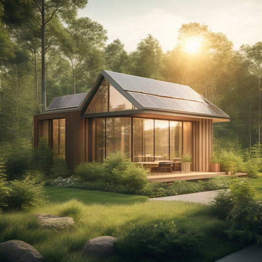 An image depicting a modern, sustainable building with wooden accents and metallic frames, surrounded by lush greenery, with solar panels seamlessly integrated into the roof and walls.