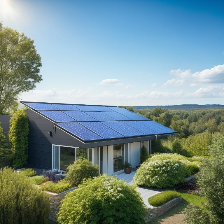 A serene residential rooftop with sleek, black solar panels installed at an angle, surrounded by lush greenery, with a few fluffy white clouds drifting across a bright blue sky.