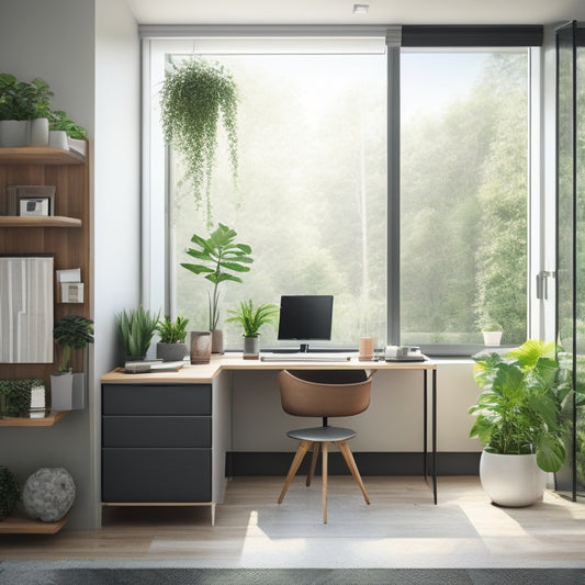A serene, modern, minimalist room with a compact storage system, featuring retractable shelves, a sleek desk, and a solar panel on the window, surrounded by lush green plants.