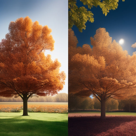 A split-screen image featuring a standard solar panel on the left, with a small, sparse tree and a few scattered leaves, versus a high-efficiency solar panel on the right, with a lush, vibrant tree and abundant leaves.