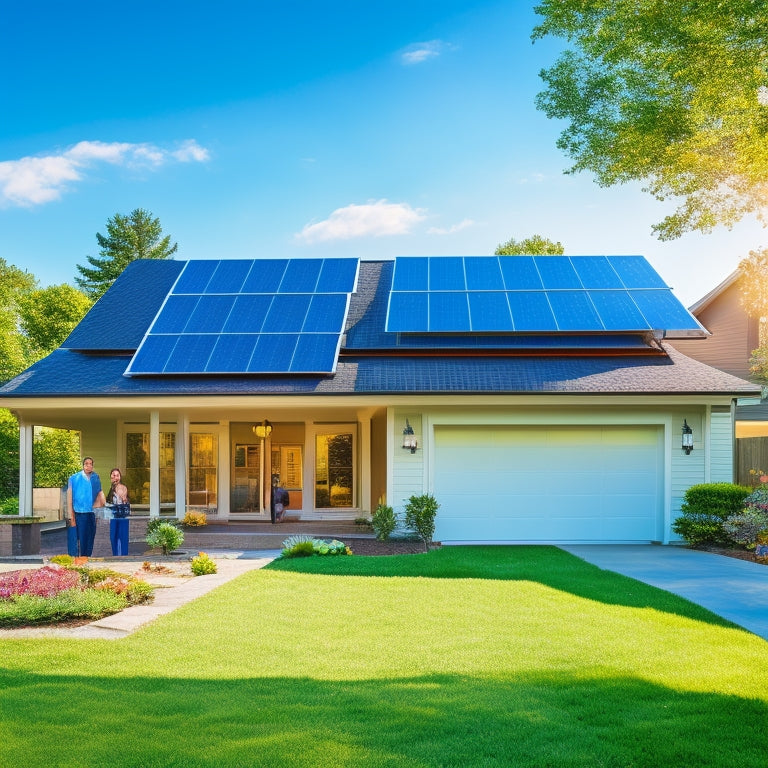 A serene suburban home with solar panels on the roof, a modern energy storage system in the garage, and a family discussing energy options in the yard, surrounded by vibrant greenery and a clear blue sky.