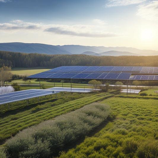 A serene landscape with rolling hills, scattered with rows of sleek, silver solar panels, surrounded by lush greenery and a few wispy trees, under a bright blue sky with a few puffy white clouds.