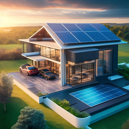 A futuristic illustration of a sleek, modern home with a rooftop solar panel array, connected to a variety of energy storage systems, including batteries, hydrogen fuel cells, and flywheels.