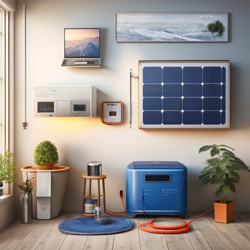 An illustration of a home with multiple backup systems: a battery-powered inverter on a shelf, a water tank on the roof, a solar panel on the wall, and a wired modem in the corner.