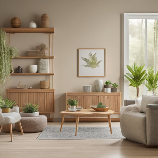 A serene, modern living room with bamboo accents, featuring a wall-mounted, solar-powered shelving unit with potted plants and a few, minimalist decorative items, set against a natural, earthy color palette.