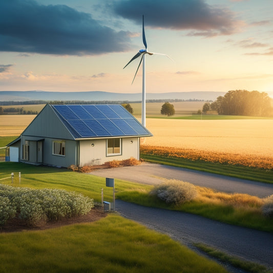 A serene rural landscape with a modern off-grid home, solar panels on the roof, a wind turbine in the distance, and a battery bank visible through a window.