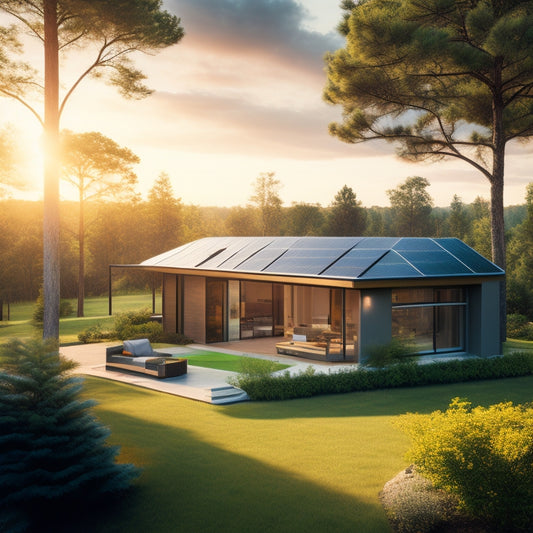 A serene landscape with a modern home in the center, surrounded by lush greenery, featuring a sleek solar panel array on the roof, with a subtle sunburst in the background.