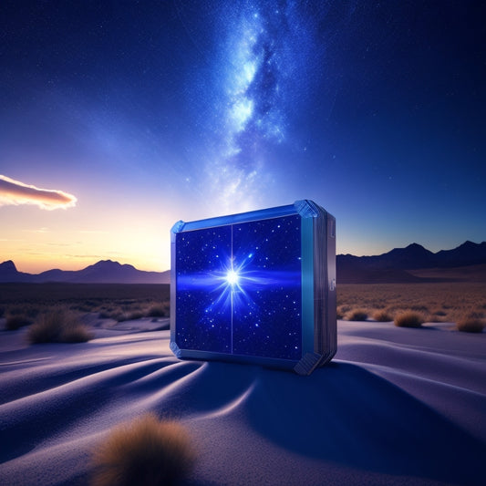 A futuristic illustration of a sleek, silver solar battery with glowing blue accents, surrounded by swirling electrons and rays of sunlight, set against a dark blue, starry night sky.