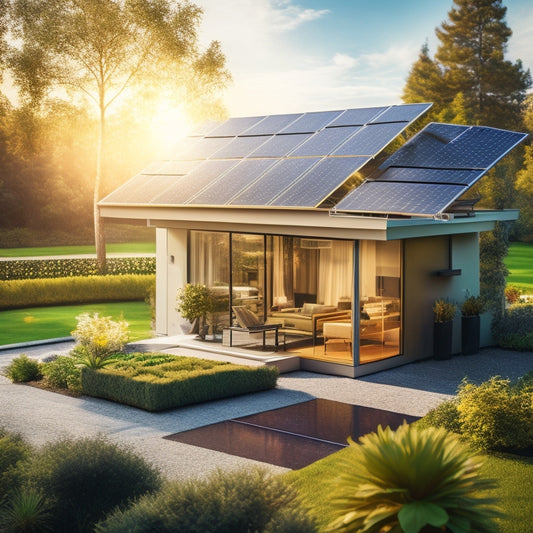 A sleek, modern home with solar panels on the roof, a vibrant garden, and a visible solar battery system beside a bright window, all bathed in golden sunlight, symbolizing energy independence and sustainability.