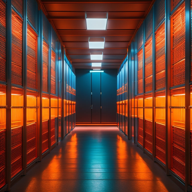 A dimly lit, modern storage room with rows of sleek, black battery modules connected by vibrant orange cables, surrounded by racks and shelves, with a subtle LED glow.