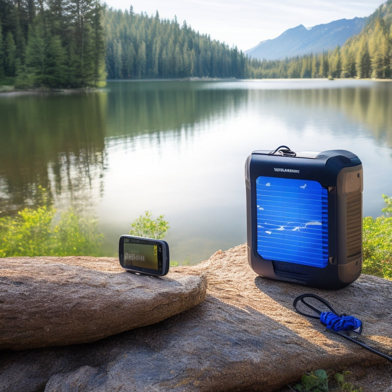A rugged, outdoor scene featuring a portable solar battery pack charging a smartphone, surrounded by lush greenery and sunlight filtering through trees, with a serene lake in the background and hiking gear nearby.