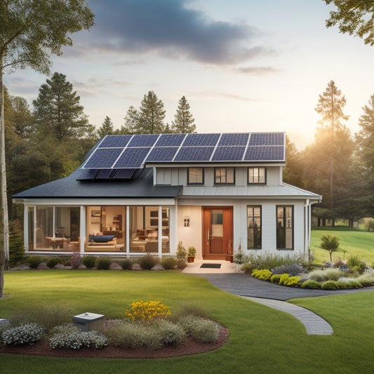 A serene suburban home surrounded by lush greenery, with solar panels on the roof, a compact wind turbine in the backyard, and a sleek energy storage unit near the house.