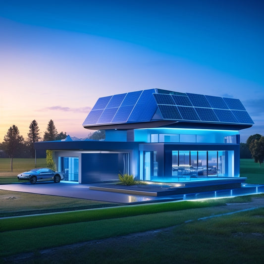 A futuristic home with sleek lines and large windows, surrounded by solar panels, wind turbines, and a battery bank, with glowing blue circuits and wires connecting each component.