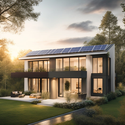 A modern, sleek, two-story home with solar panels on the roof, surrounded by lush greenery, with a subtle glow emanating from the windows, highlighting the installed solar energy batteries inside.