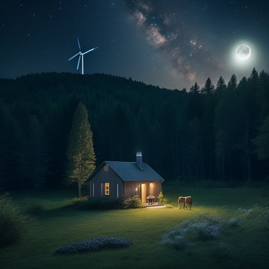 A serene, secluded cabin surrounded by lush greenery, with a wind turbine, solar panels, and a rainwater collection system, amidst a starry night sky with a crescent moon.