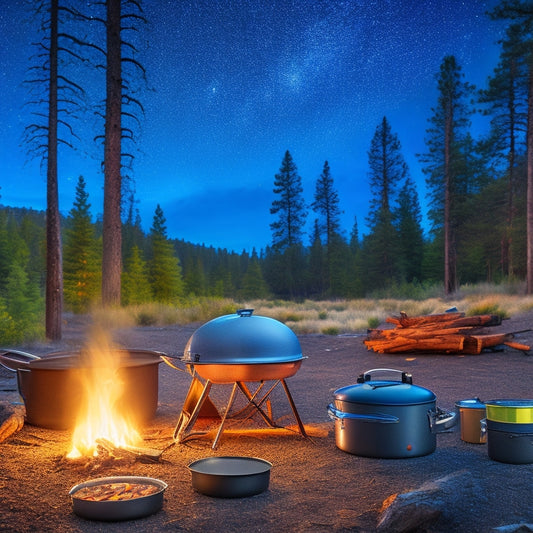 A rustic campsite scene featuring essential outdoor cooking gear: a portable grill, a cast iron skillet, colorful camping utensils, a sturdy cooler, and a cozy campfire surrounded by pine trees under a starry night sky.