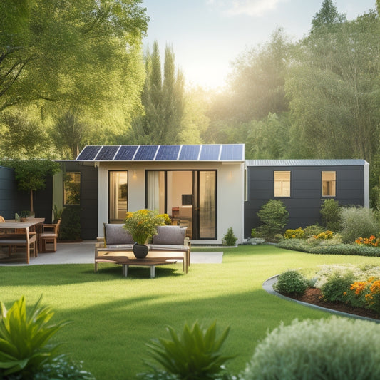 A serene residential backyard with a small, sleek solar array, a compact battery storage unit, and a minimalist inverter, surrounded by lush greenery and a few outdoor furniture pieces.