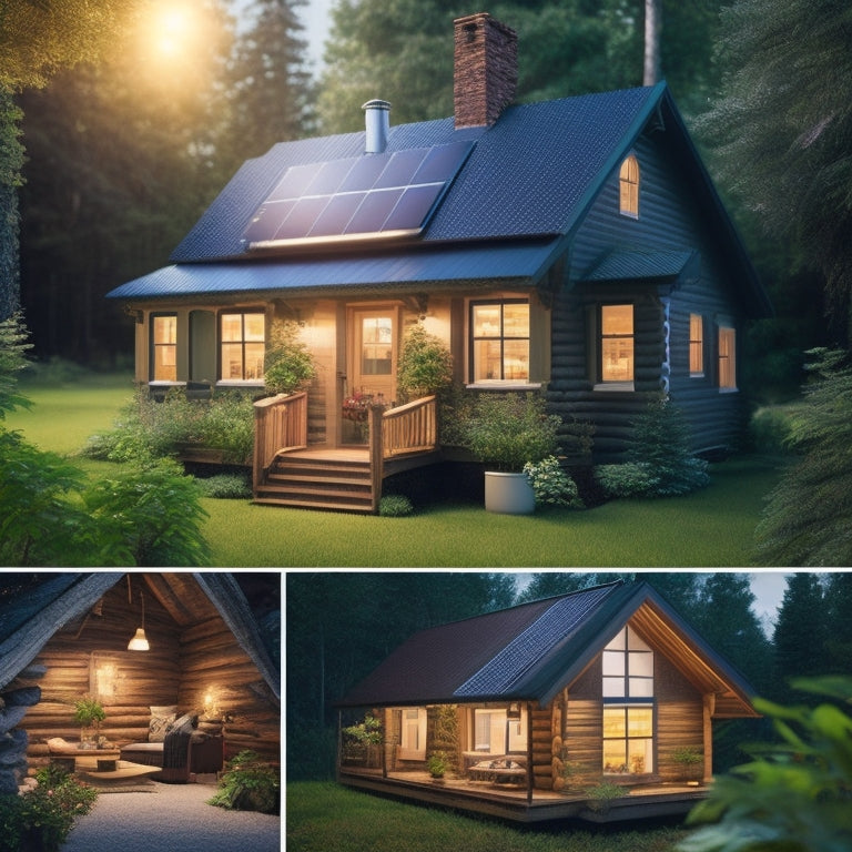Generate an image depicting a cozy cabin surrounded by lush greenery, with a solar panel array on the roof, a battery bank on the porch, and a few LED lights illuminating the cabin's interior.