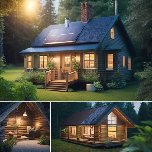 Generate an image depicting a cozy cabin surrounded by lush greenery, with a solar panel array on the roof, a battery bank on the porch, and a few LED lights illuminating the cabin's interior.