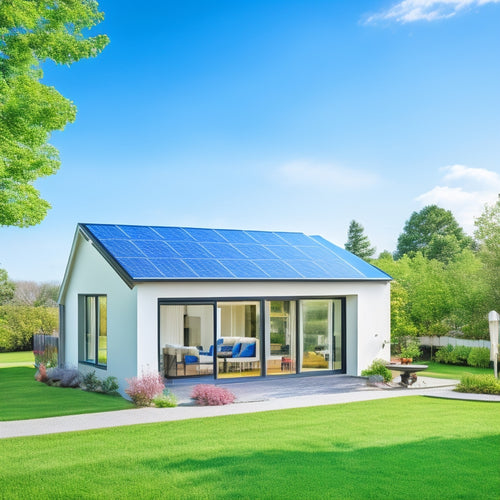 A serene, modern home with solar panels on the roof, a wind turbine in the backyard, and a compact battery storage system next to a lush green garden, set against a bright blue sky.