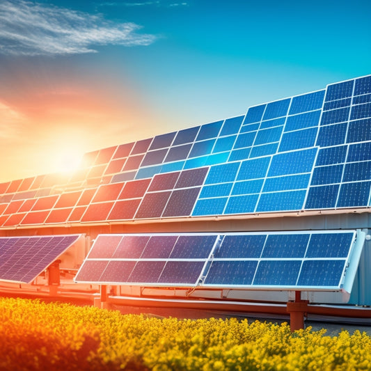 A close-up of a solar panel inverter displaying vibrant LED indicators, surrounded by solar panels under a bright blue sky, with digital graphs and energy metrics overlaying the scene, illustrating energy production monitoring.