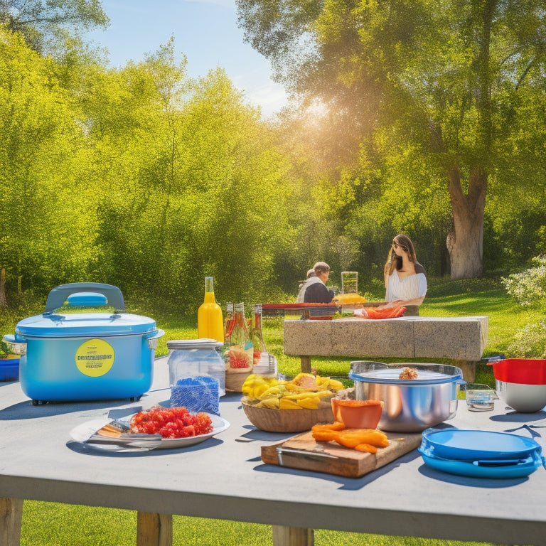 A sunny outdoor scene featuring various sleek portable solar cookers in action, surrounded by lush greenery, with a picnic setup showcasing vibrant food being prepared, all under a clear blue sky.
