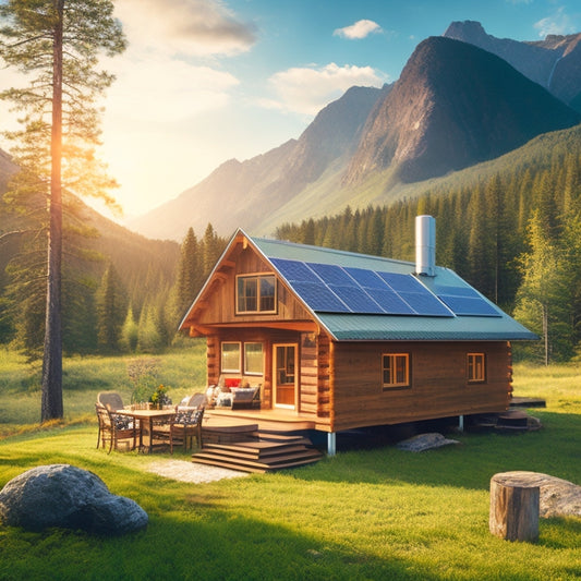 A serene off-grid cabin surrounded by lush greenery, featuring solar panels on the roof, an inverter charger beside a rustic wooden table, and warm sunlight illuminating a peaceful outdoor scene with mountains in the background.