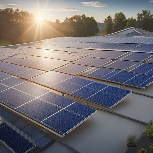 An illustration of a roof with multiple solar panels, each at a different angle, with a subtle grid of coordinates and gentle sun rays illuminating the panels, casting soft shadows.