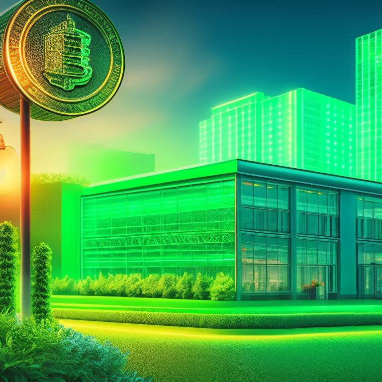 A stylized illustration of a factory or office building with a bright, glowing green aura surrounding it, surrounded by icons of coins, leaves, and a subtle grid pattern in the background.