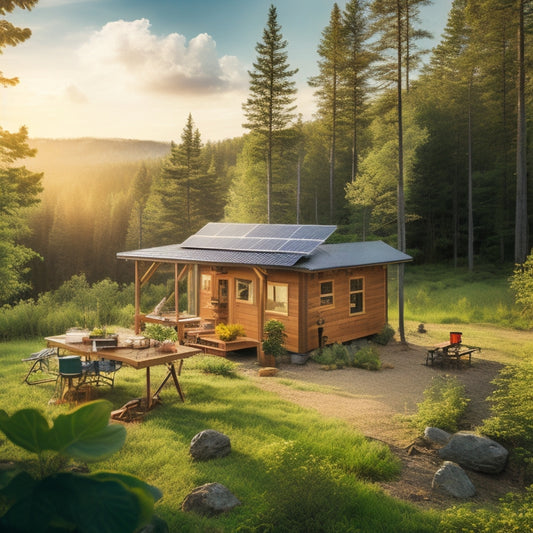 A serene, off-grid cabin surrounded by lush greenery, with a solar panel array on the roof, a wind turbine in the distance, and a workbench in the foreground featuring various battery types and maintenance tools.