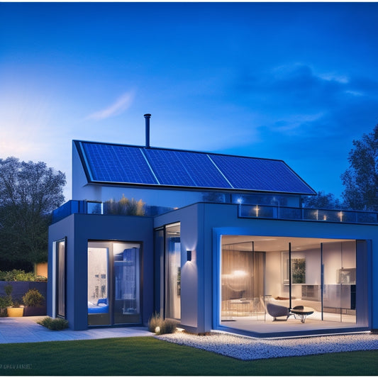 A modern, sleek, well-lit home interior with a wall-mounted battery storage system, featuring a series of rectangular modules with metallic casings and glowing blue LED lights, amidst a backdrop of solar panels on the roof outside.