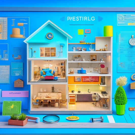 A blueprint of a home with various sections highlighted in bright colors, showcasing thermometers, light bulbs, windows, insulation, and pipes, surrounded by icons of a clipboard and a magnifying glass.