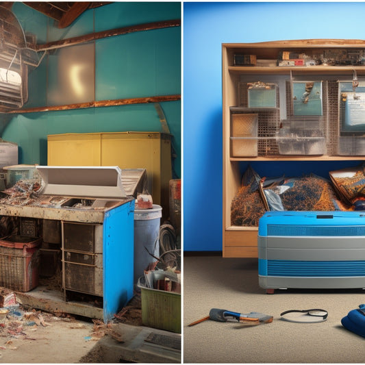 A split-screen image: a cluttered, dusty HVAC unit overflowing with debris on one side, and a sparkling clean unit with organized tools and a calendar on the other.