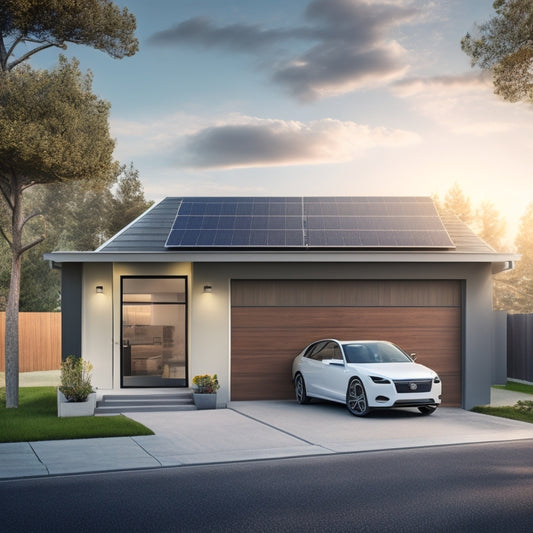 A modern home with a sleek, wall-mounted battery pack in the garage, surrounded by solar panels on the roof and a bright, sunny outdoor background.