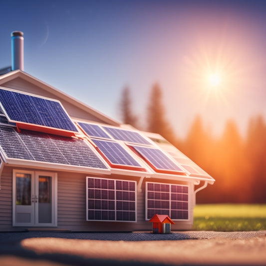 A magnified solar panel with a miniature house and dollar signs orbiting it, surrounded by a subtle American flag pattern in the background, with a subtle graph line trending upward.