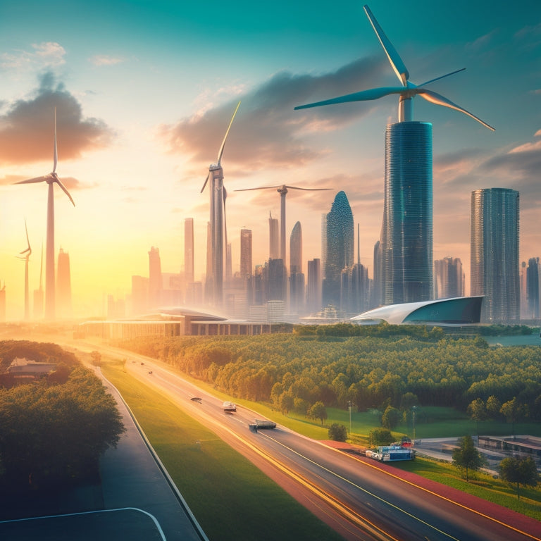 An illustration of a futuristic cityscape at sunset, with sleek skyscrapers and wind turbines, featuring a prominent battery storage facility in the foreground, surrounded by lush greenery and electric vehicles.