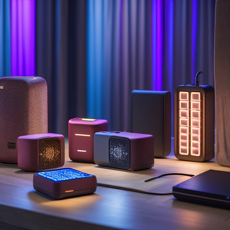 A sleek array of high-capacity rechargeable power packs, featuring various colors and designs, neatly arranged on a wooden surface, with a soft, glowing light illuminating their surfaces, showcasing their modern technology and portability.